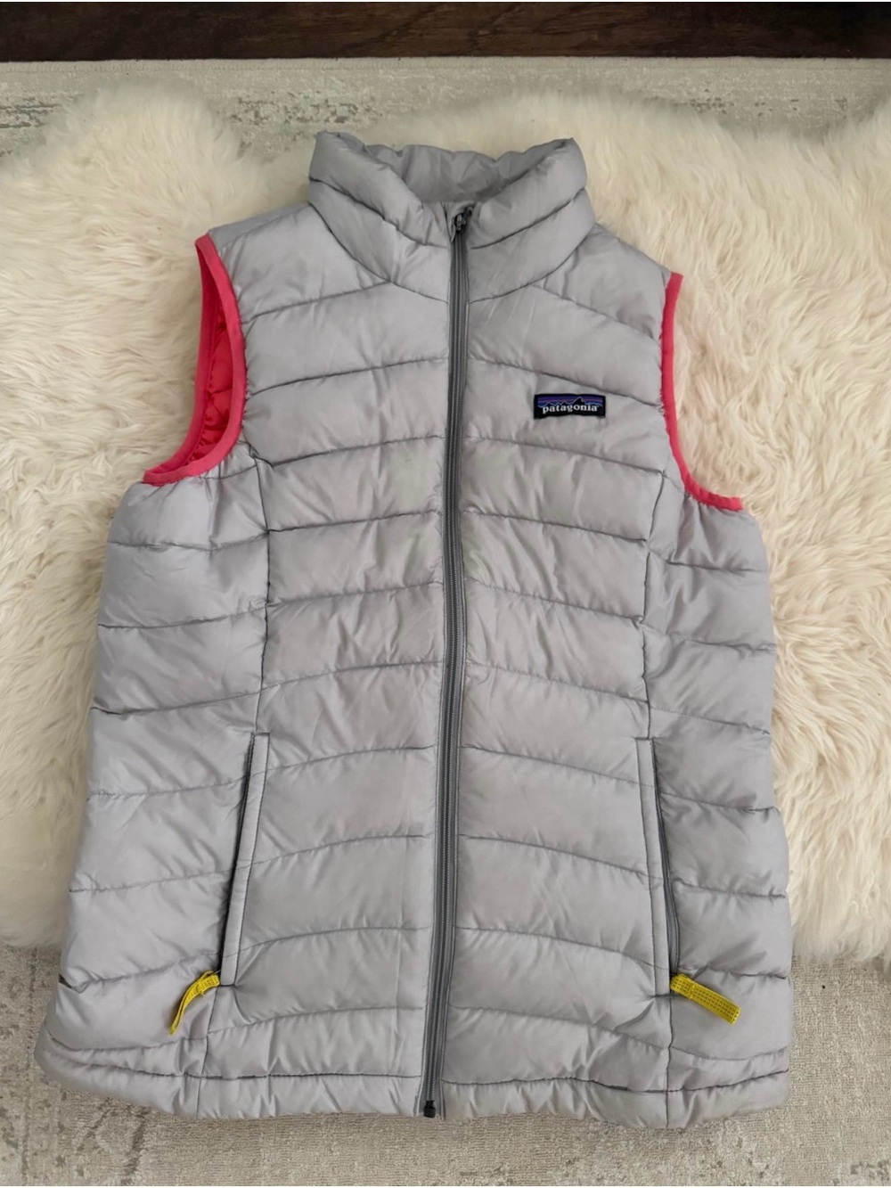 Patagonia Light Gray Kids Puffer Vest with Pink Trim